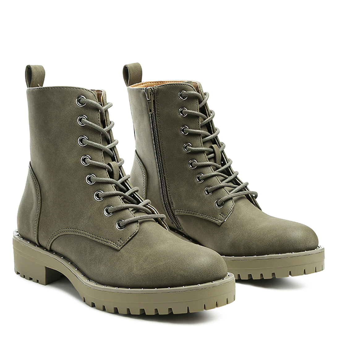 Olive Stud Lined Lace-Up Biker Boot - UK3