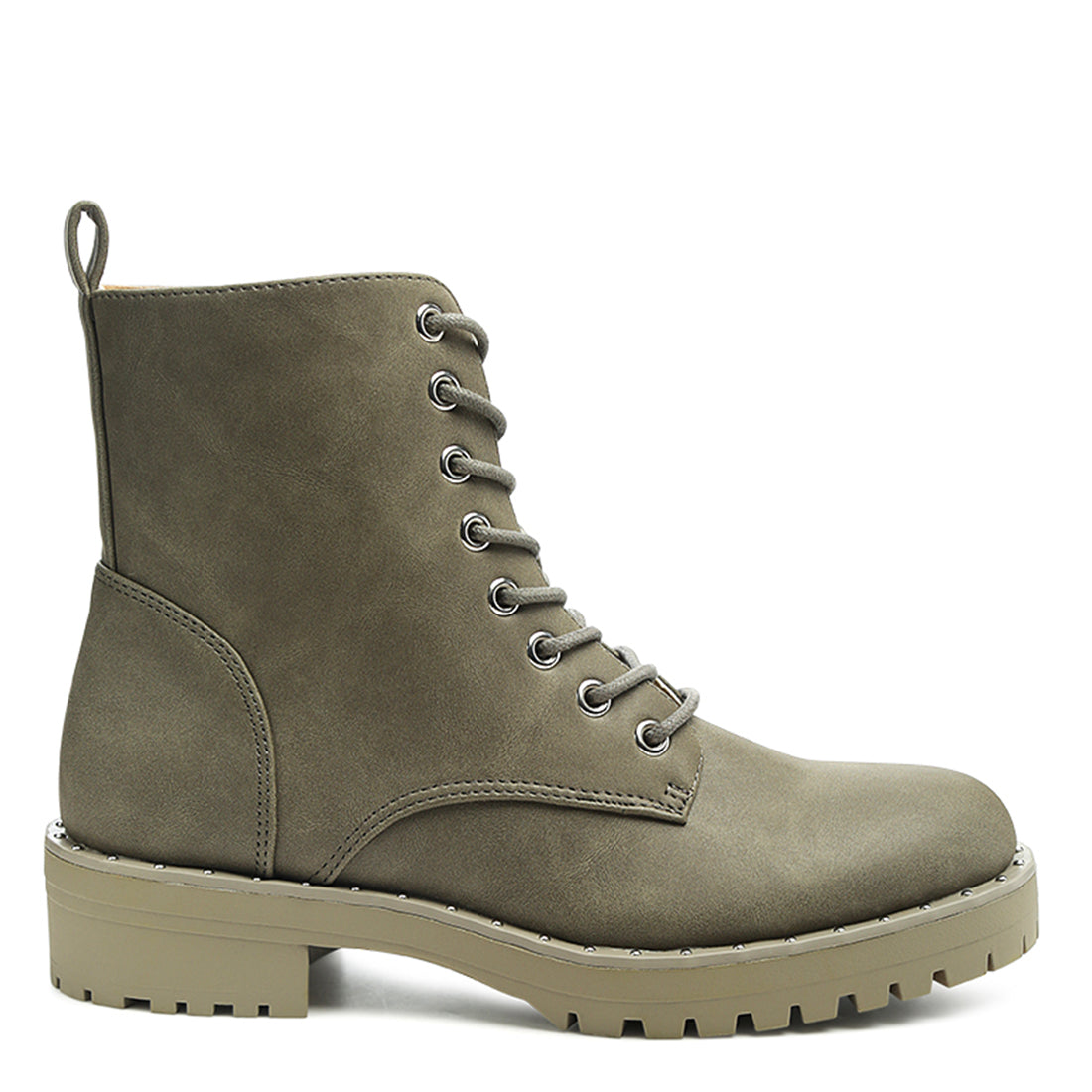 Olive Stud Lined Lace-Up Biker Boot - UK5