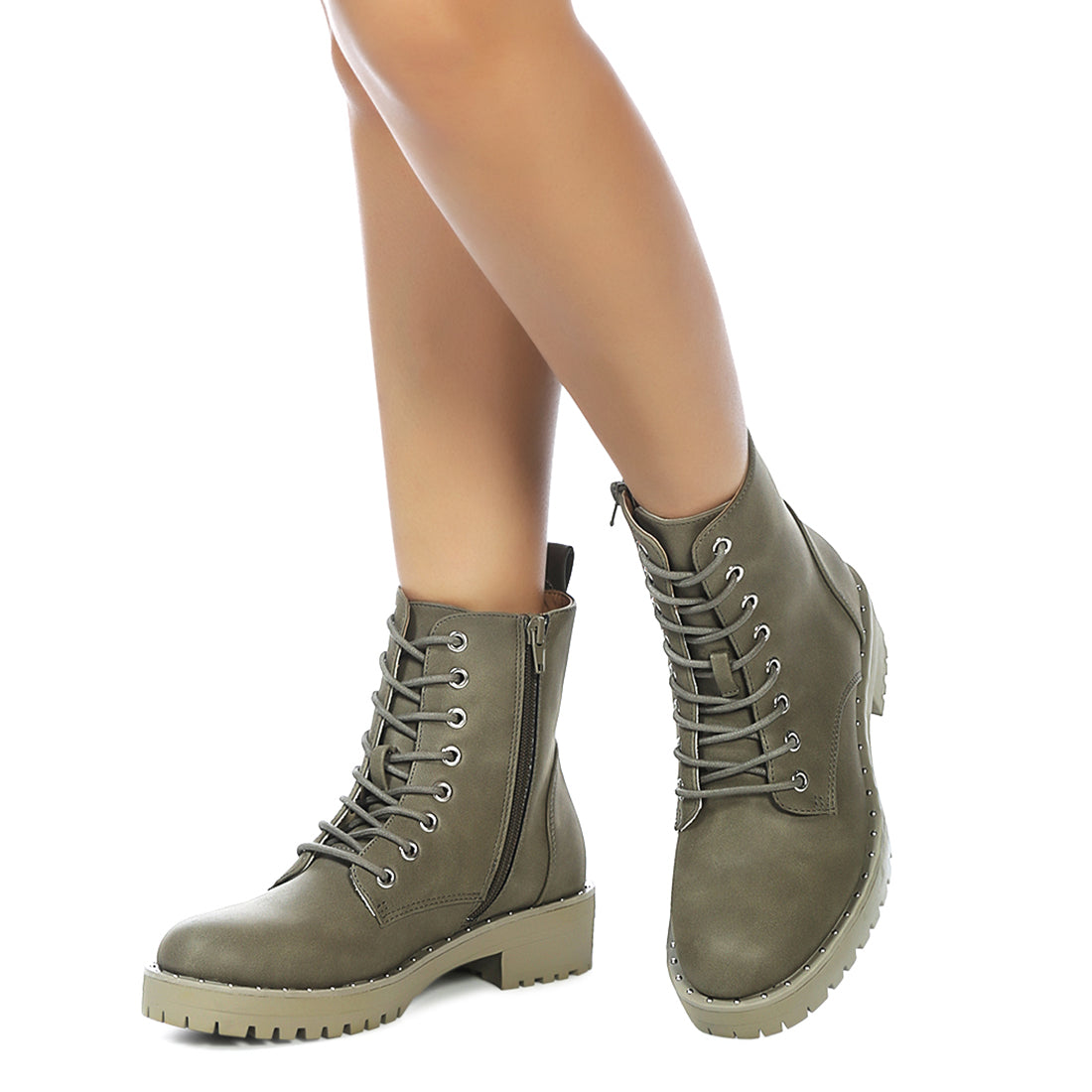 Olive Stud Lined Lace-Up Biker Boot - UK7