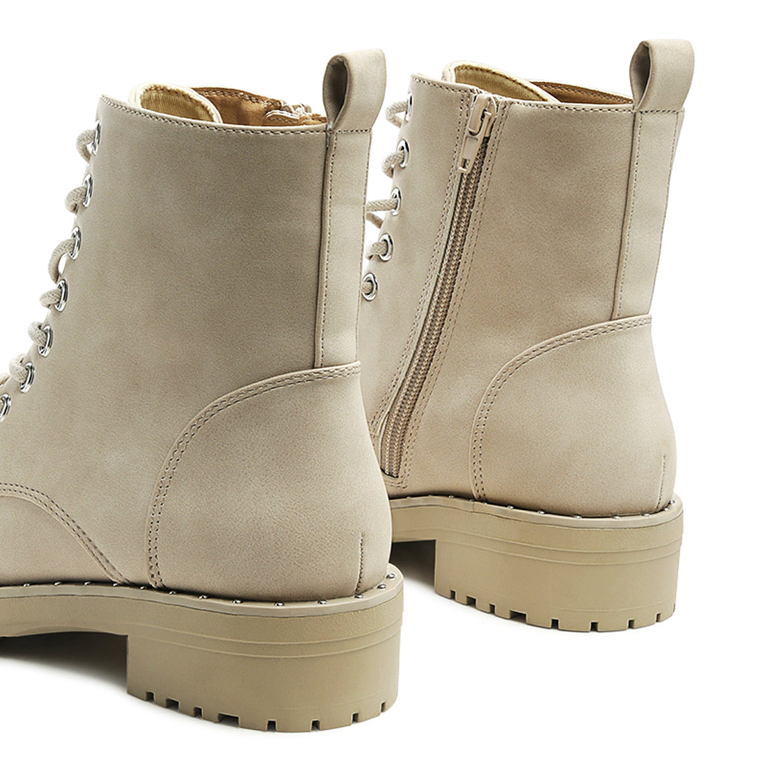 Beige Stud Lined Lace-Up Biker Boot - UK4