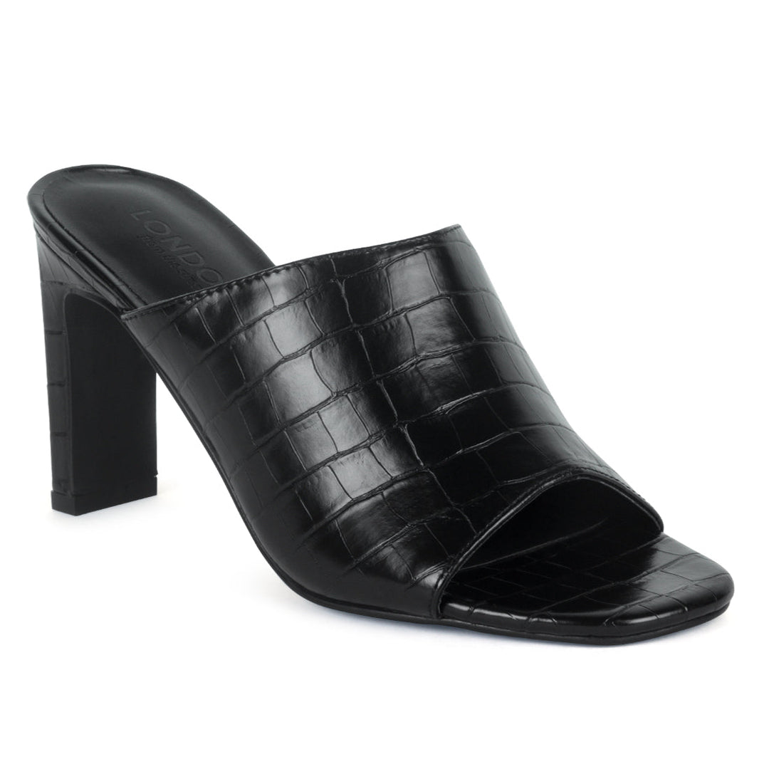 Block Heel Slides in Black - Black