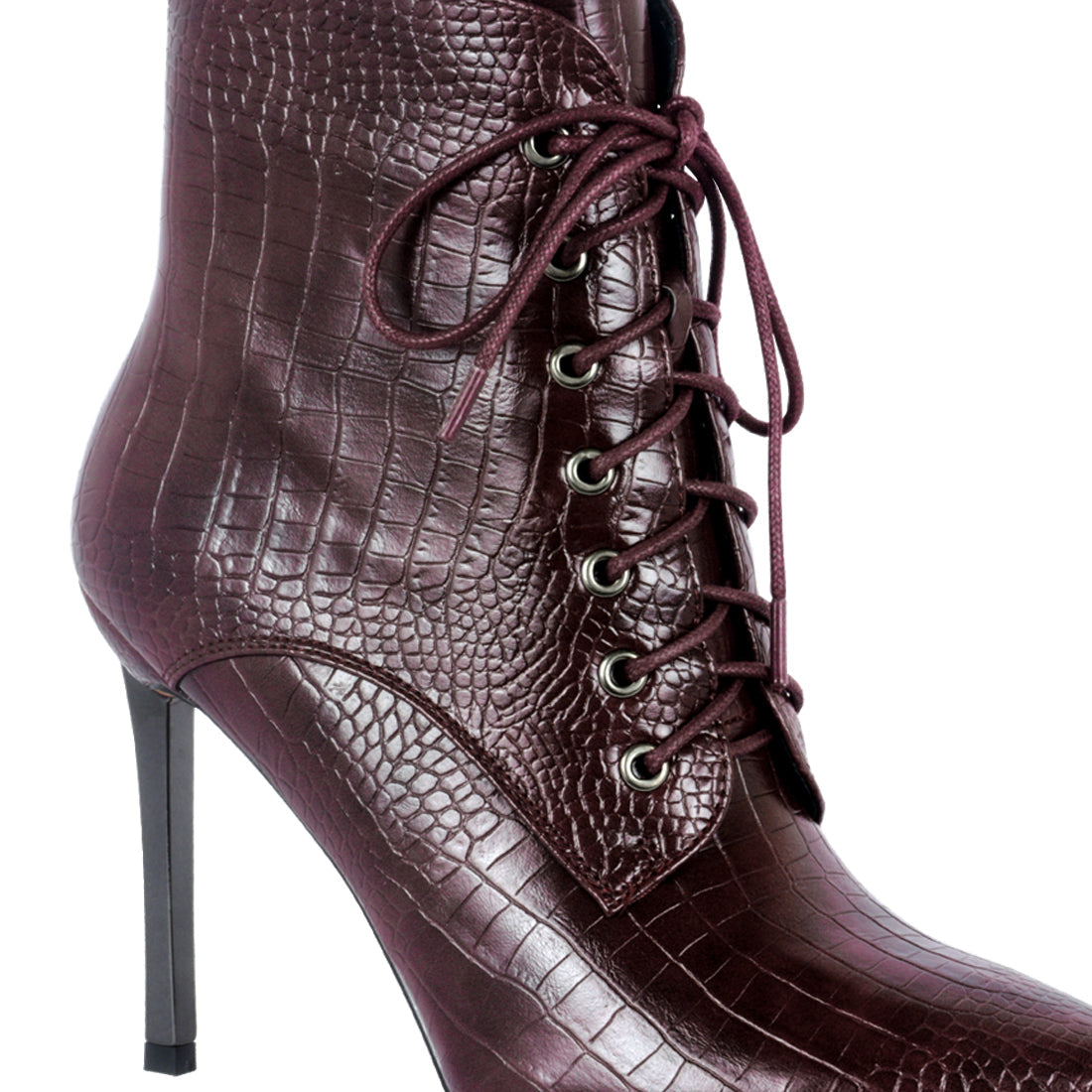 Lace-Up Stiletto Boot in Burgundy - Burgundy