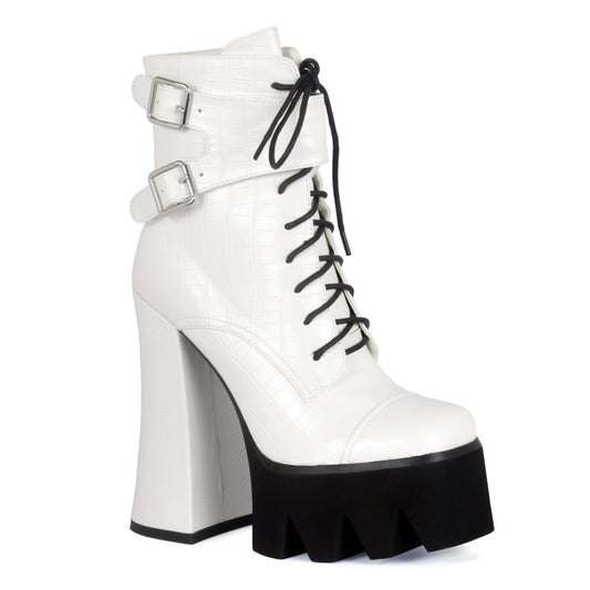 Trucker Block Heel Boot in White - White