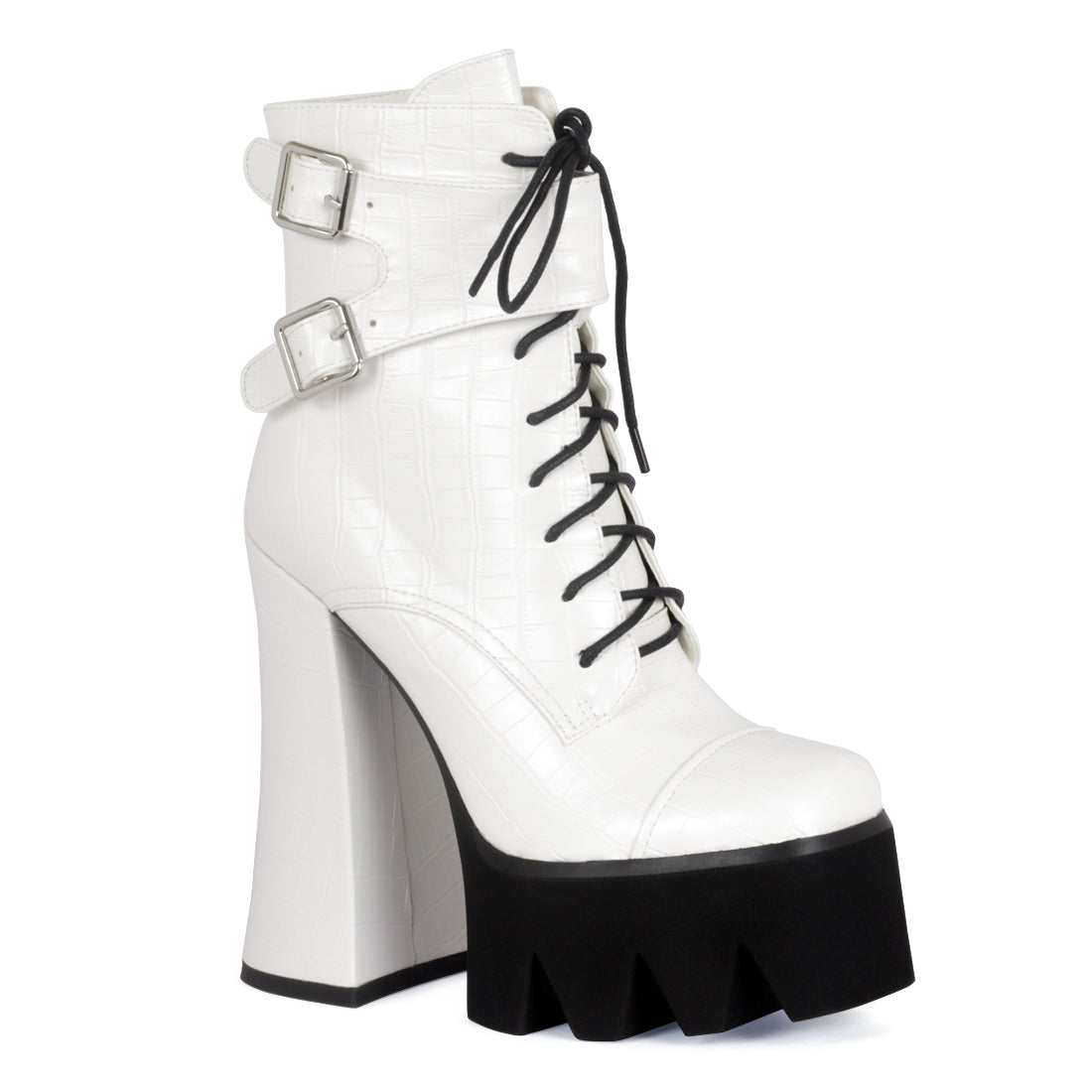 Trucker Block Heel Boots in White