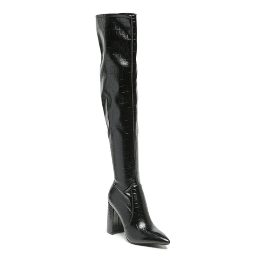 Knee High PU block Heeled Boot In Black - Black