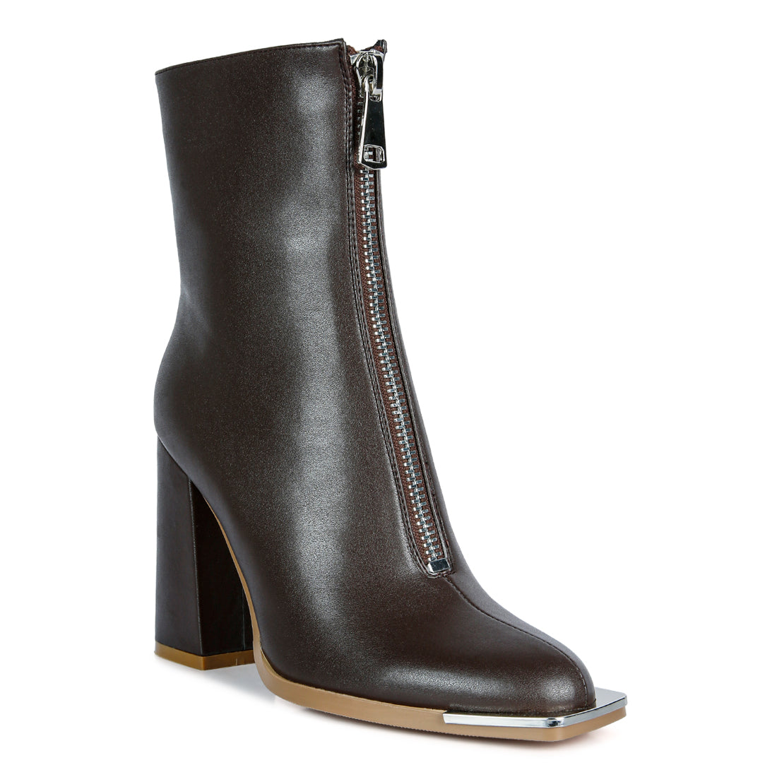 Brown Flower Blade Square Toe Zip Up Ankle Boot