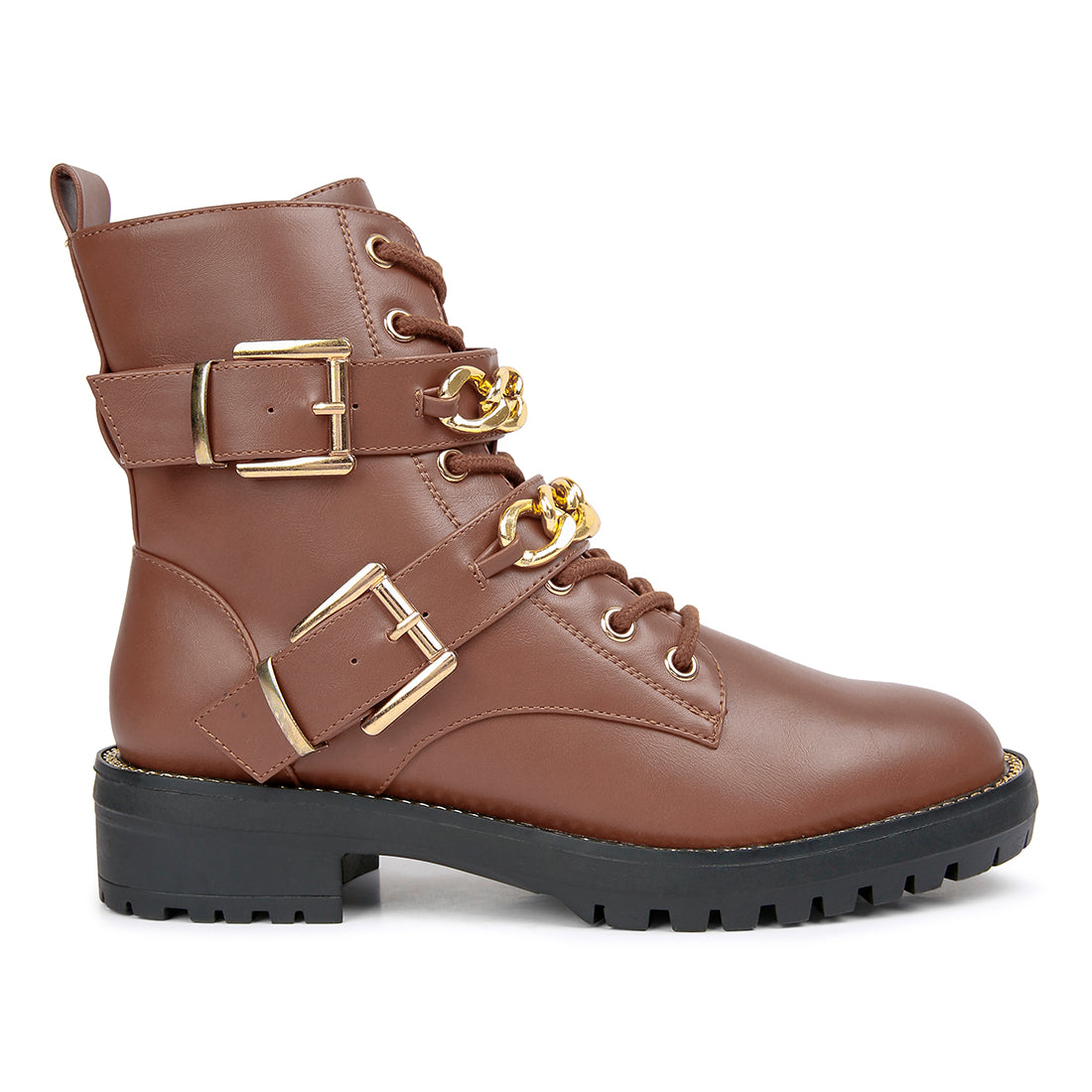 Tan Metal Chain Detail Biker Boots
