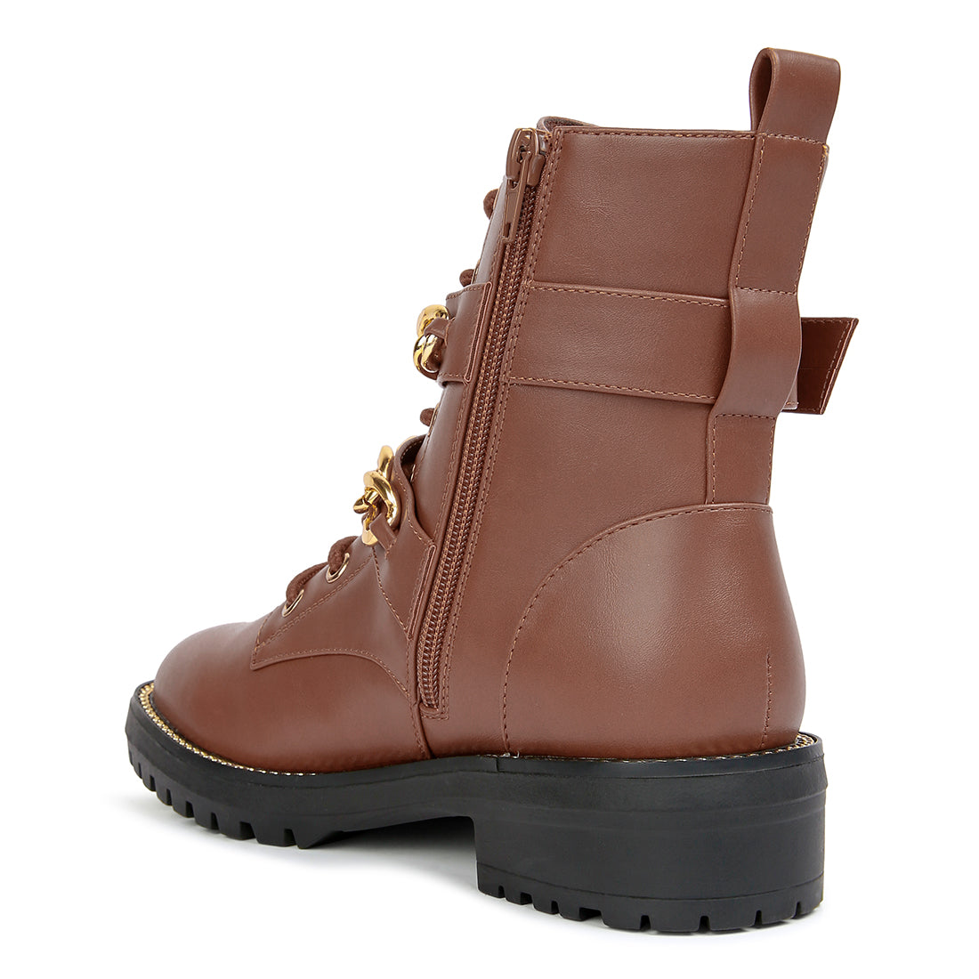 Tan Metal Chain Detail Biker Boots
