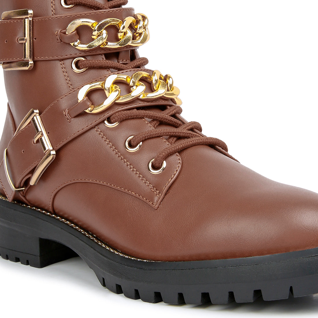Tan Metal Chain Detail Biker Boots