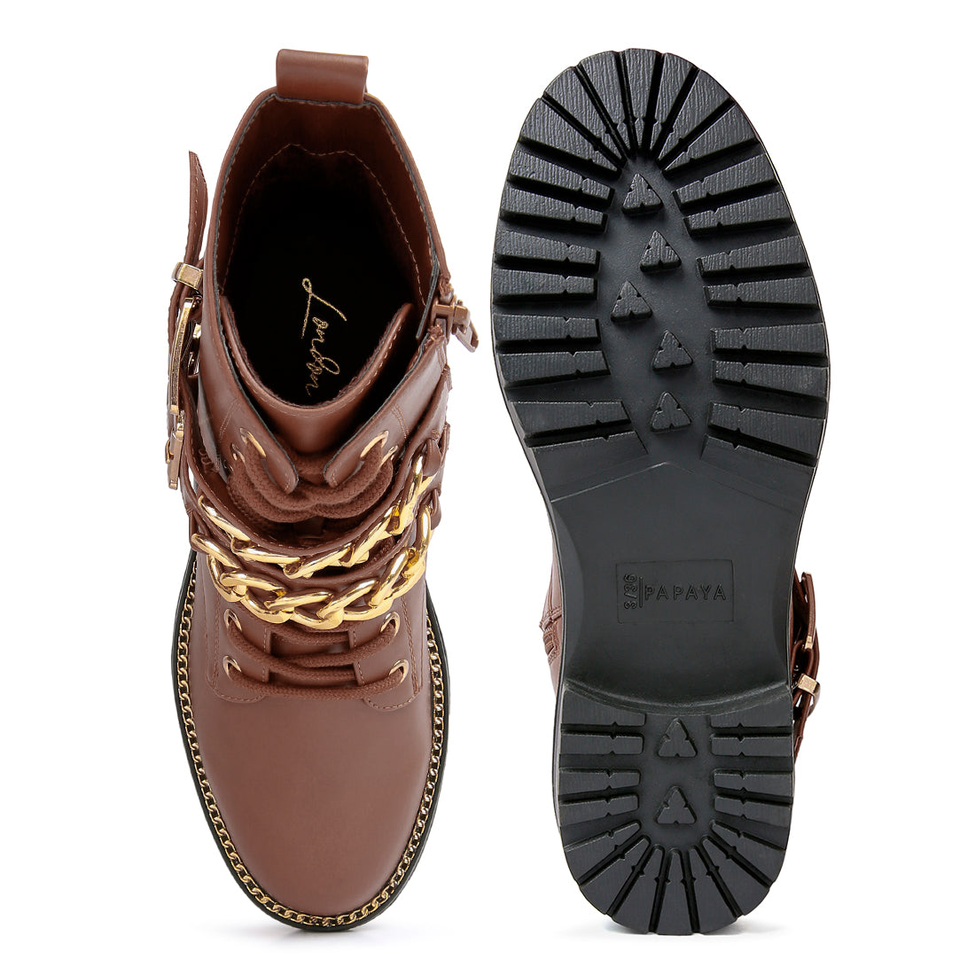 Tan Metal Chain Detail Biker Boots