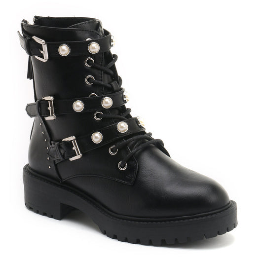 Pearl Studded Biker Boots In Black