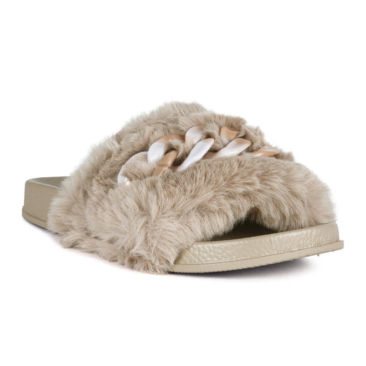 Polyp Acrylic Chain Strap Fur Slides in Beige