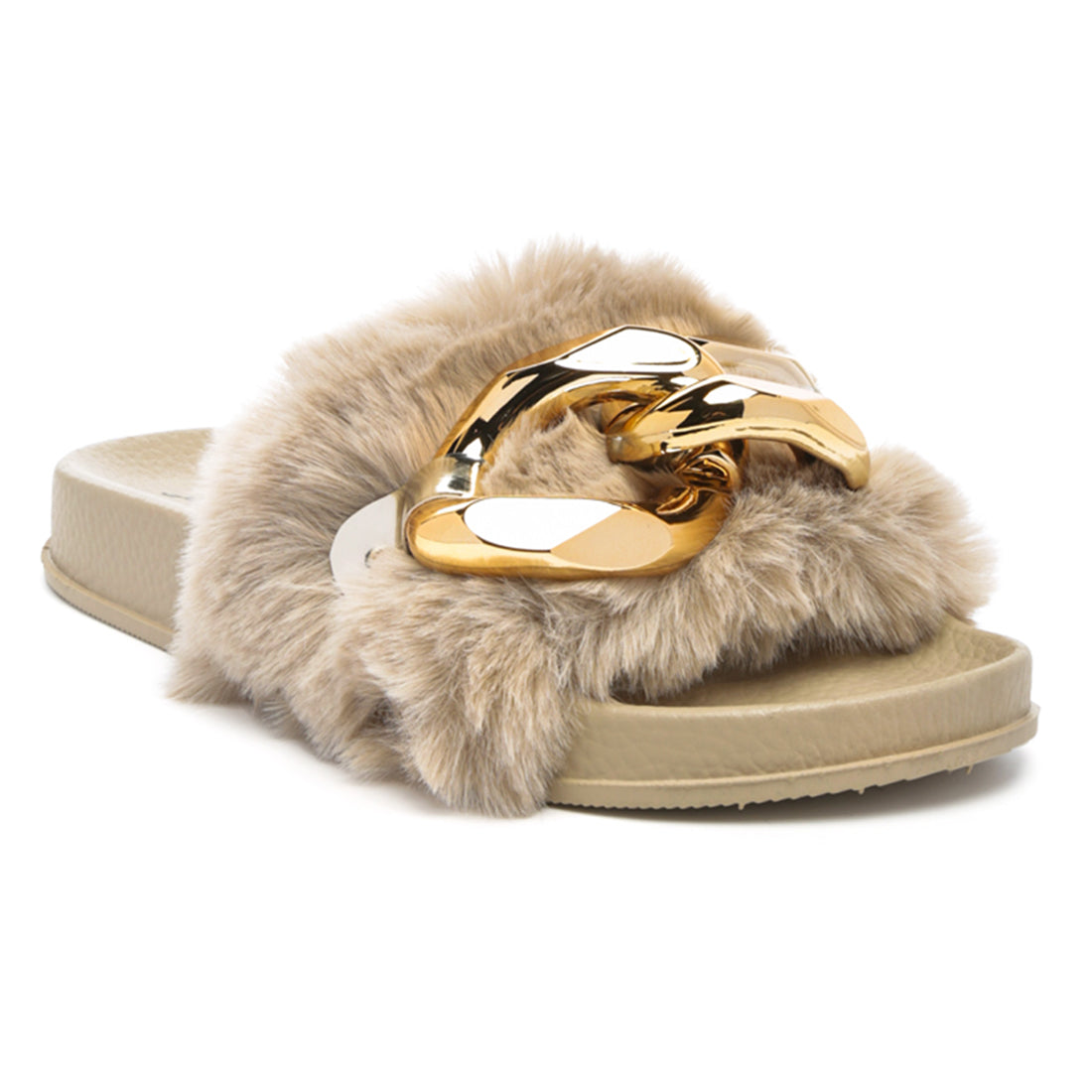 Munks Big Metal Fur Slides in Beige - Beige