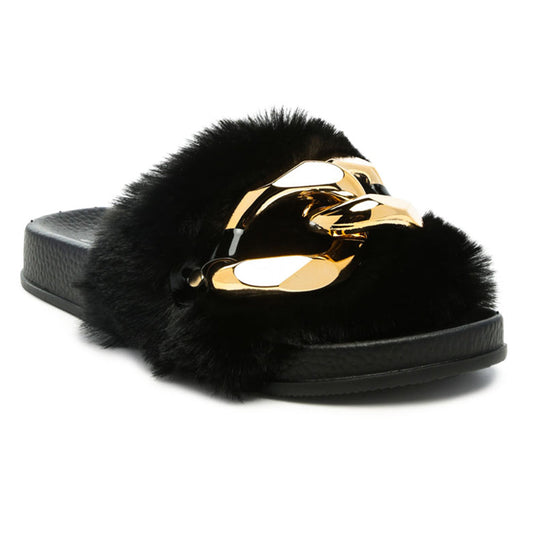 Munks Big Metal Fur Slides in Black - Black