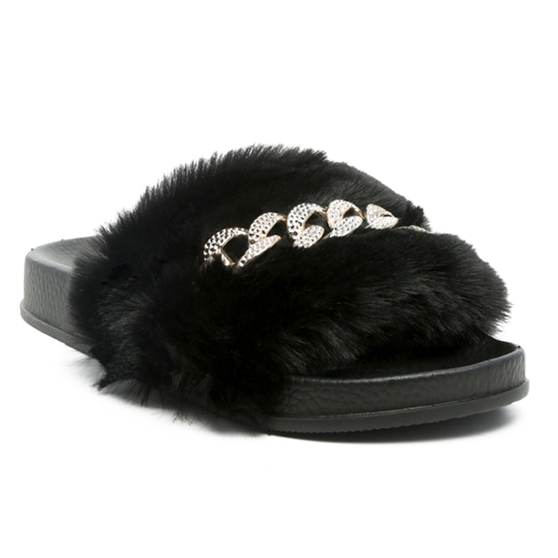 Metal Chain Detail Fur Slides in Black - Black