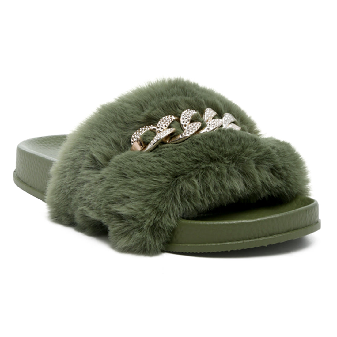 Metal Chain Detail Fur Slides in Olive - Olive