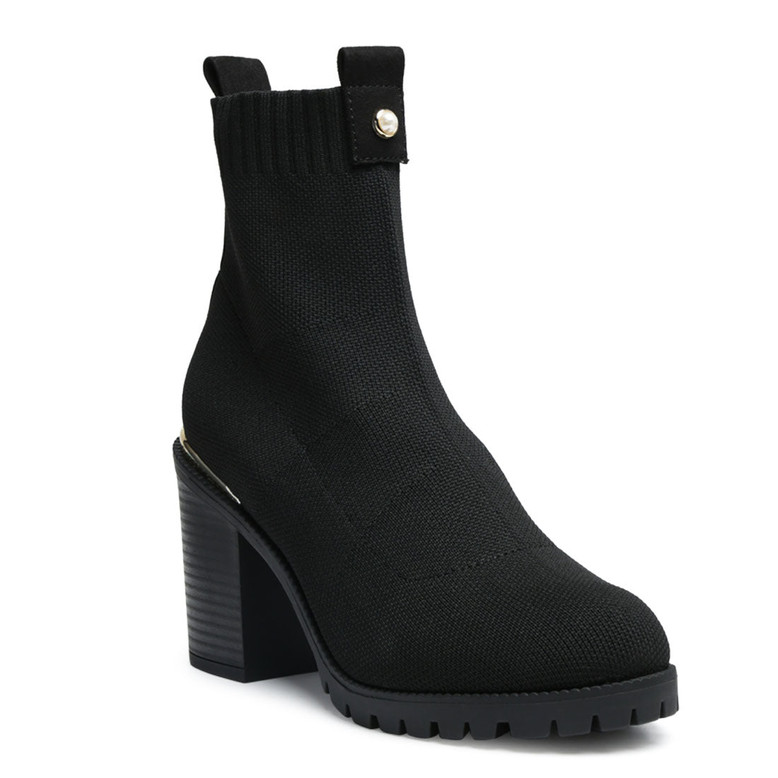 Black Knitted Block Heeled Ankle Boots