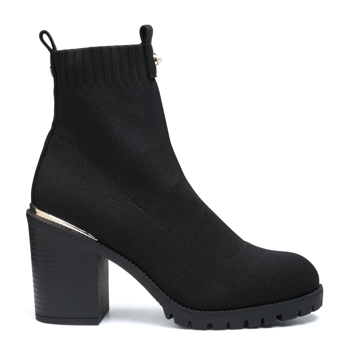 Black Knitted Block Heeled Ankle Boots