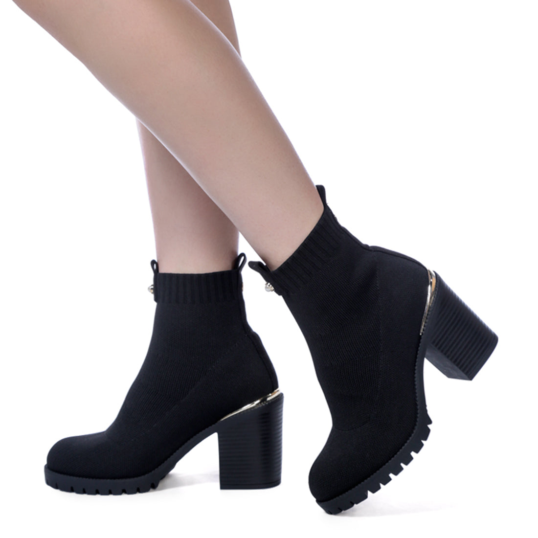 Black Knitted Block Heeled Ankle Boots