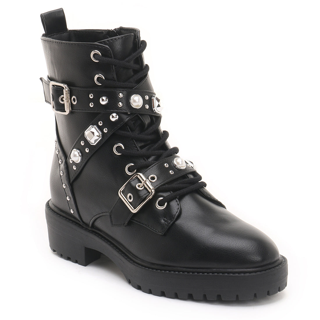 Black Stud Strap Biker Boots