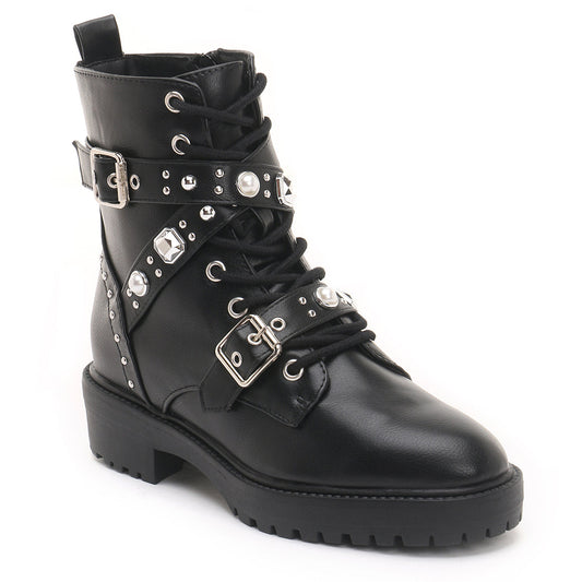 Black Stud Strap Biker Boots
