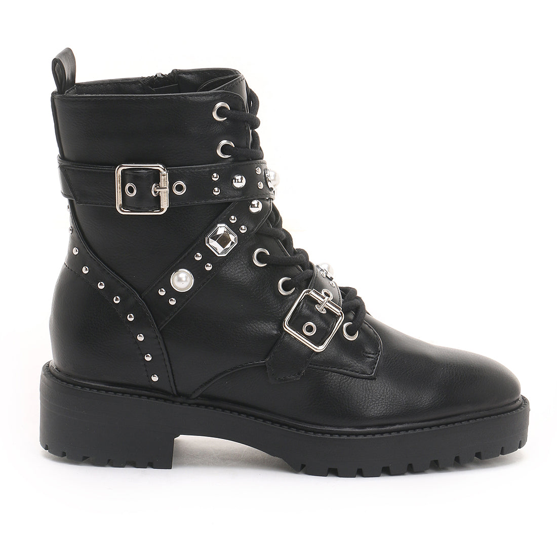 Black Stud Strap Biker Boots