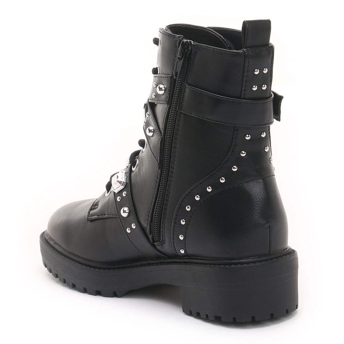Black Stud Strap Biker Boots