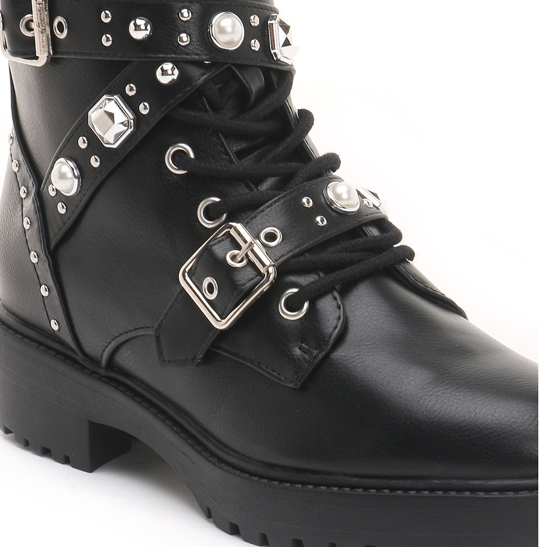 Black Stud Strap Biker Boots