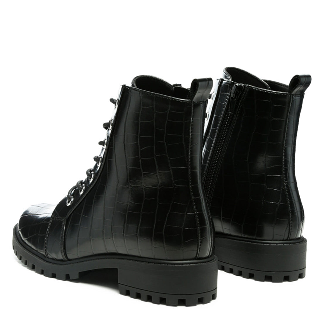 Lace - Up Croc Textured Ankle Boot in Black - UK4