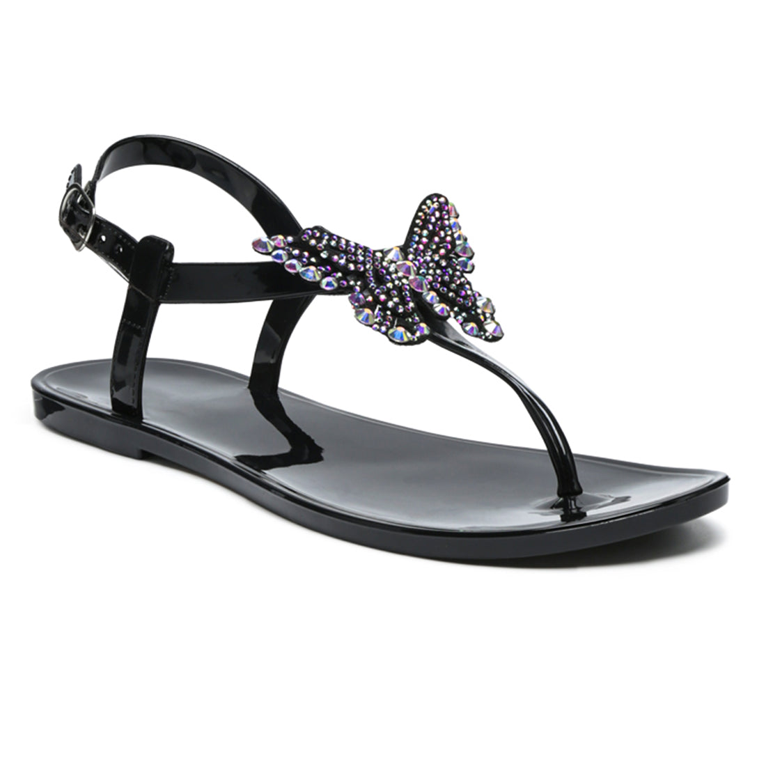 Butterfly T Strap Flat Sandals in Black - Black