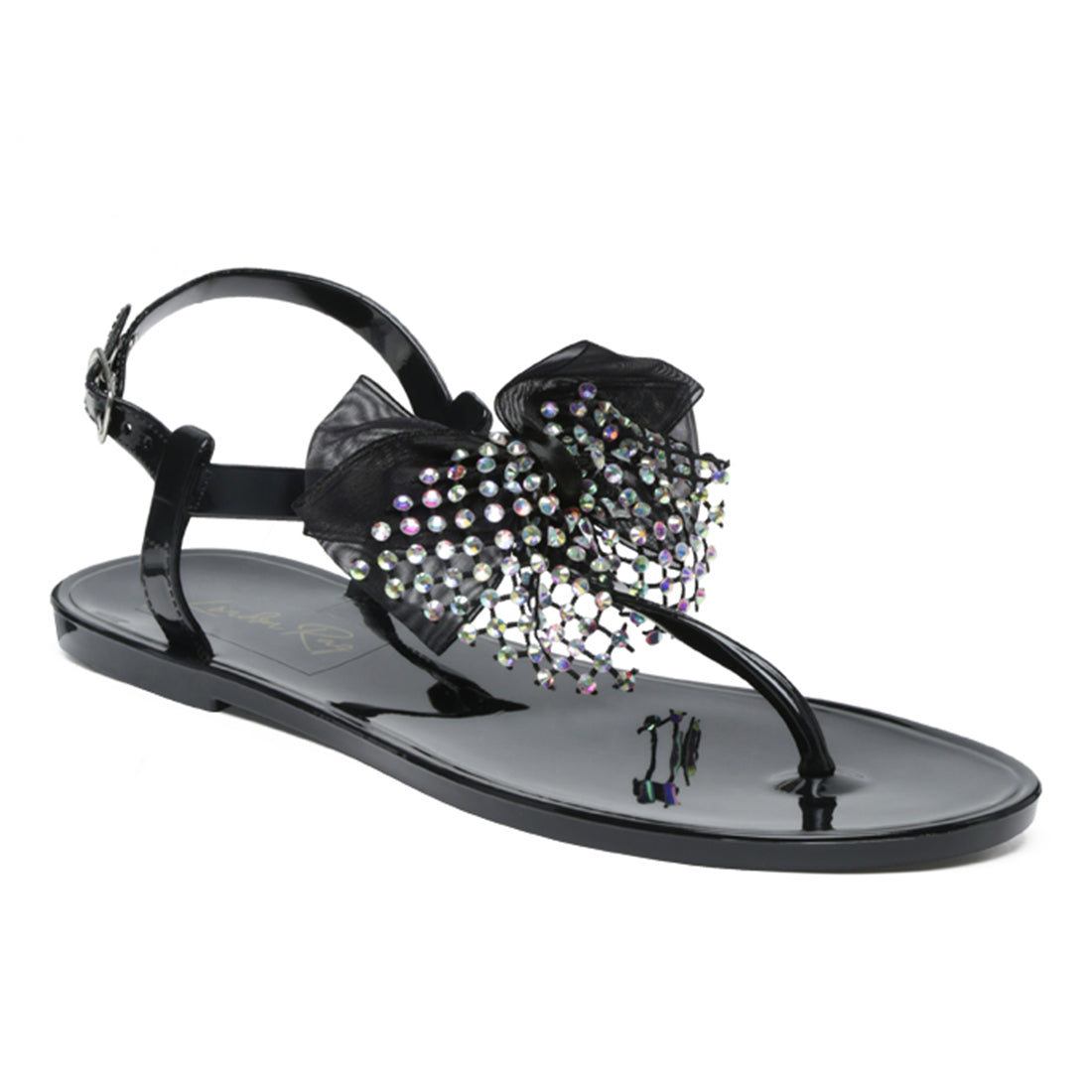Bow-tie T Strap Flat Sandals in Black - Black
