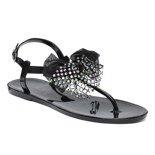 Bow-tie T Strap Flat Sandals in Black - Black