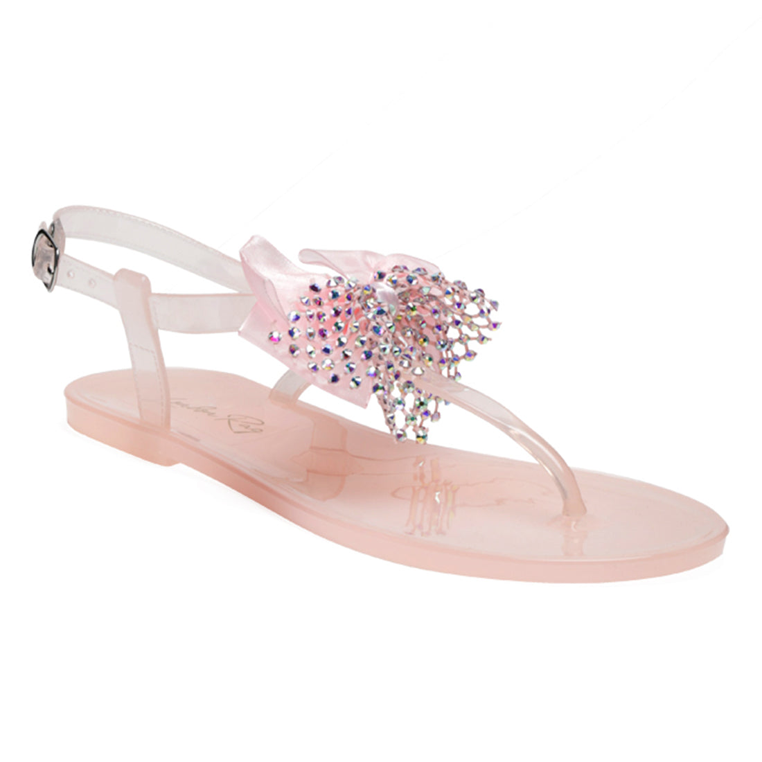 Bow-tie T Strap Flat Sandals in Nude - Nude