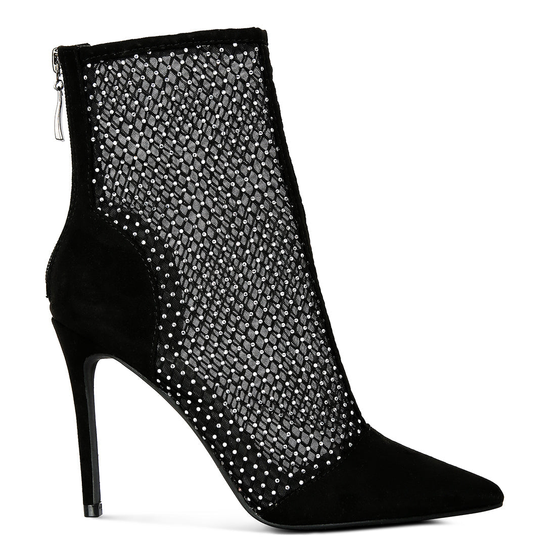 Black Mesh Diamante Detail High Heel Boots