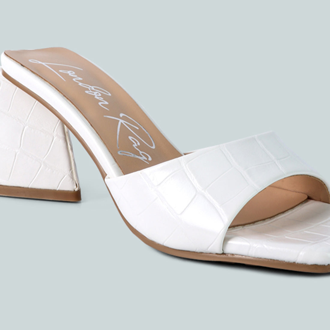 White Triangle Block Heeled Croc Sandals