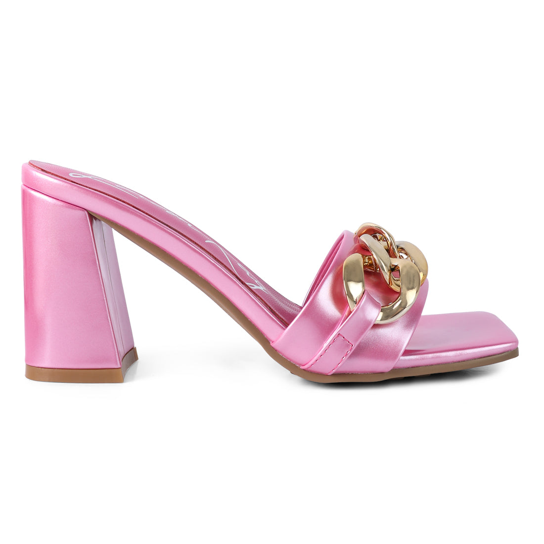 Metal Chain Detail Block Heel Sandal in Pink