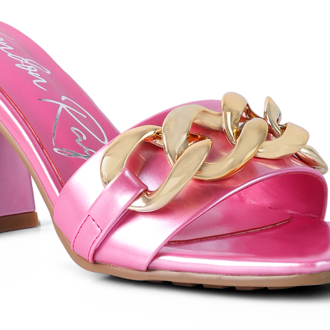 Metal Chain Detail Block Heel Sandal in Pink