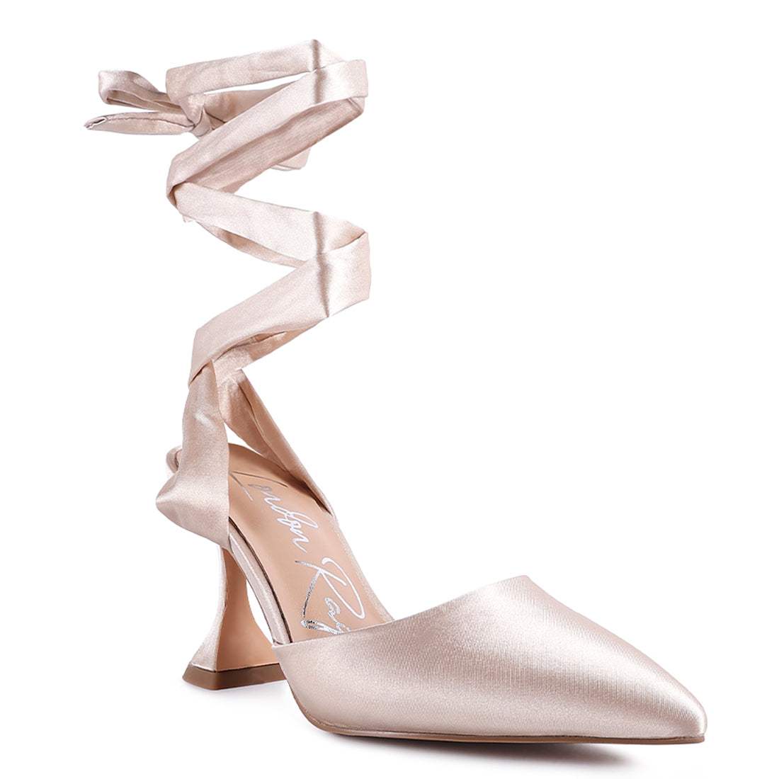 Spool Heel Tie Up Satin Sandals in Rose Gold