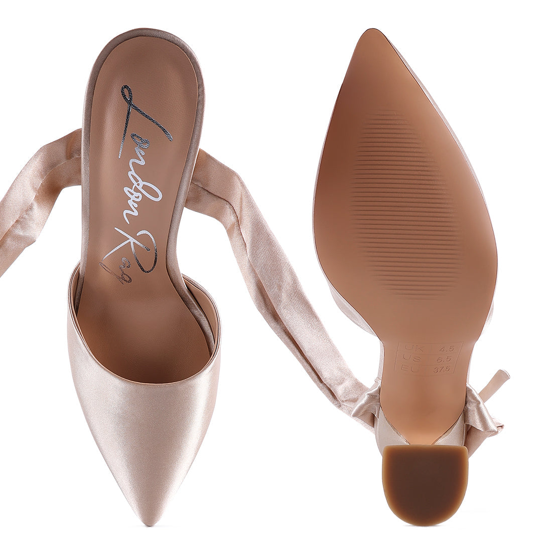 Spool Heel Tie Up Satin Sandals in Rose Gold