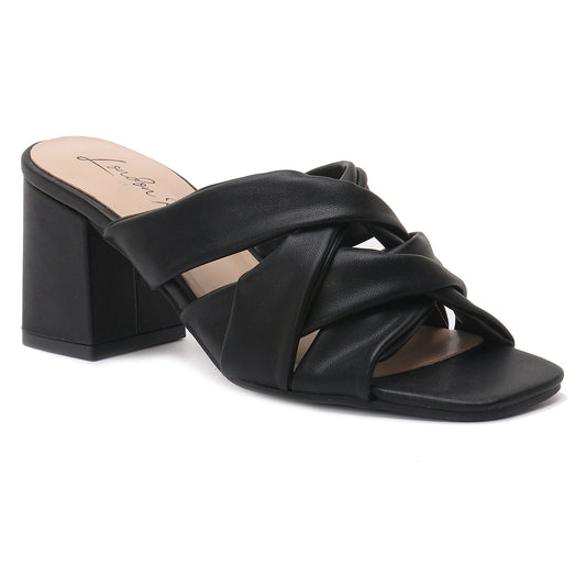 Knope Interwoven Straps Mid Heeled Sandals in Black