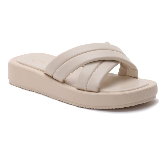 Quilted Beige Flat Slides