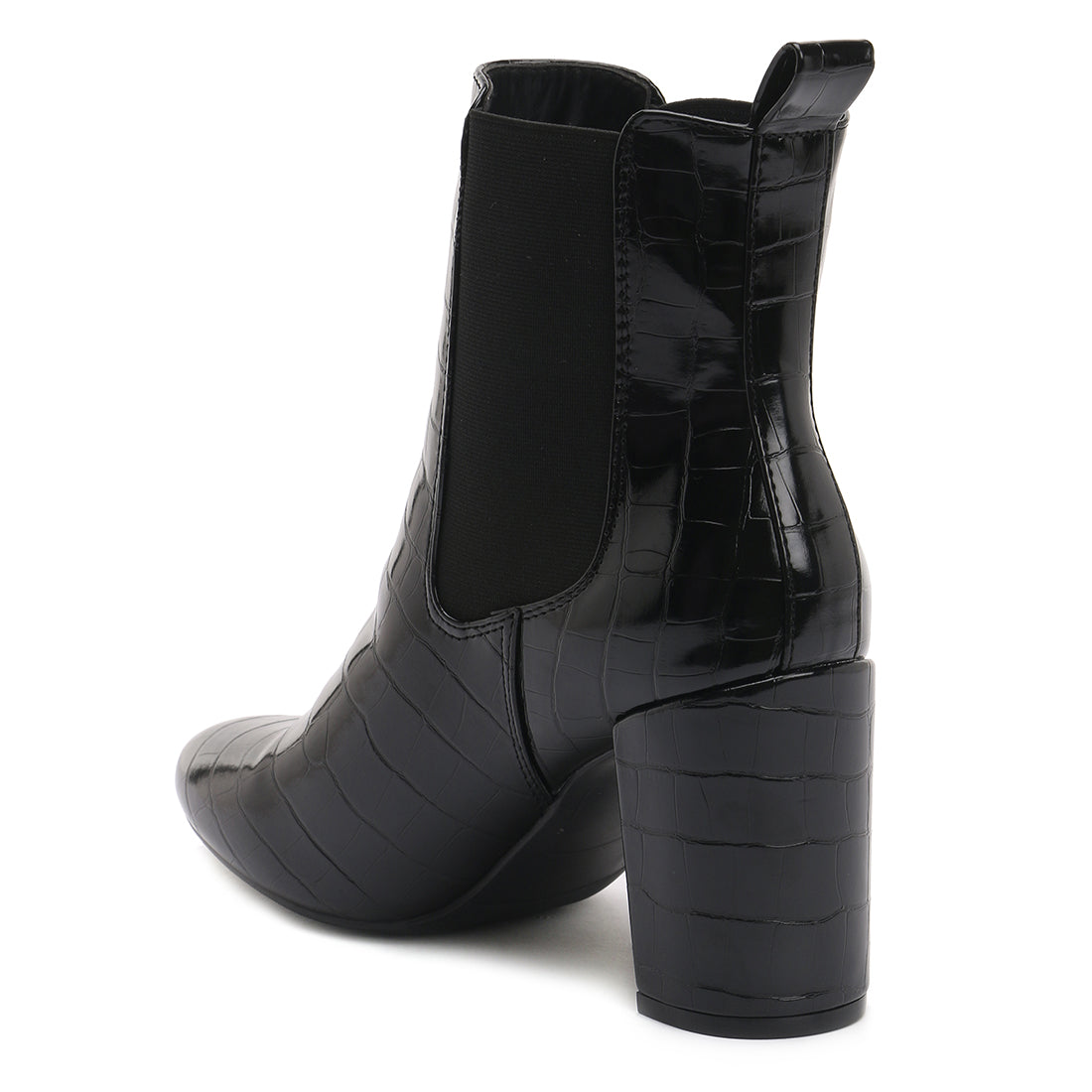 Black Croc Textured Block Heeled Chelsea Boots