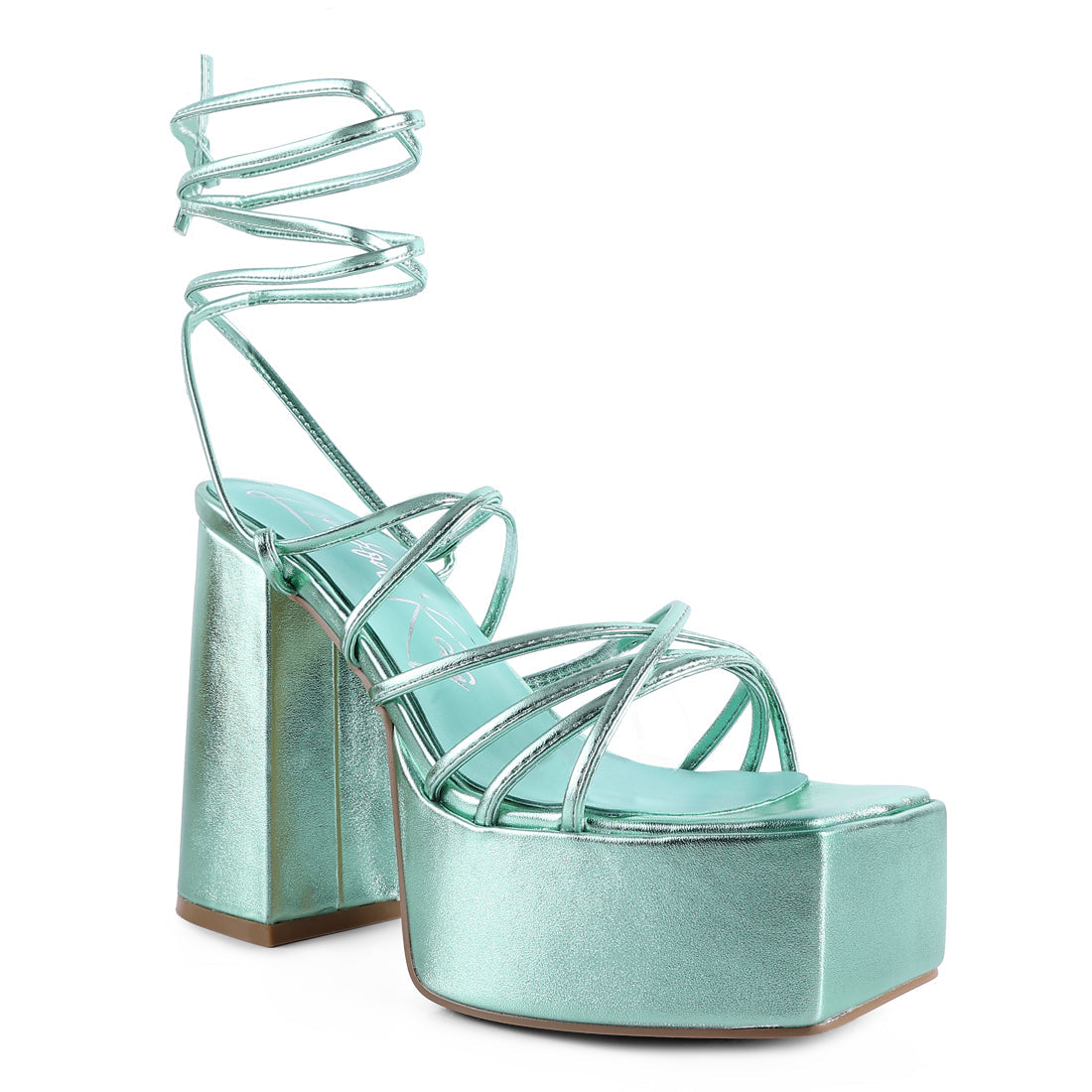 Mint Metallic Block Heeled Lace Up Sandal