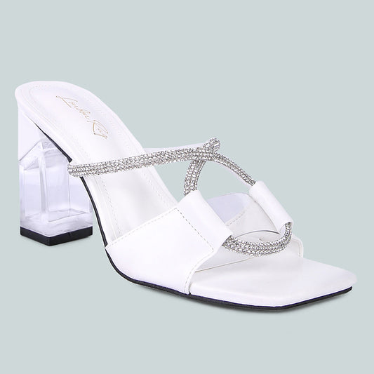 White Crystal Loop Mid Heel Sandals
