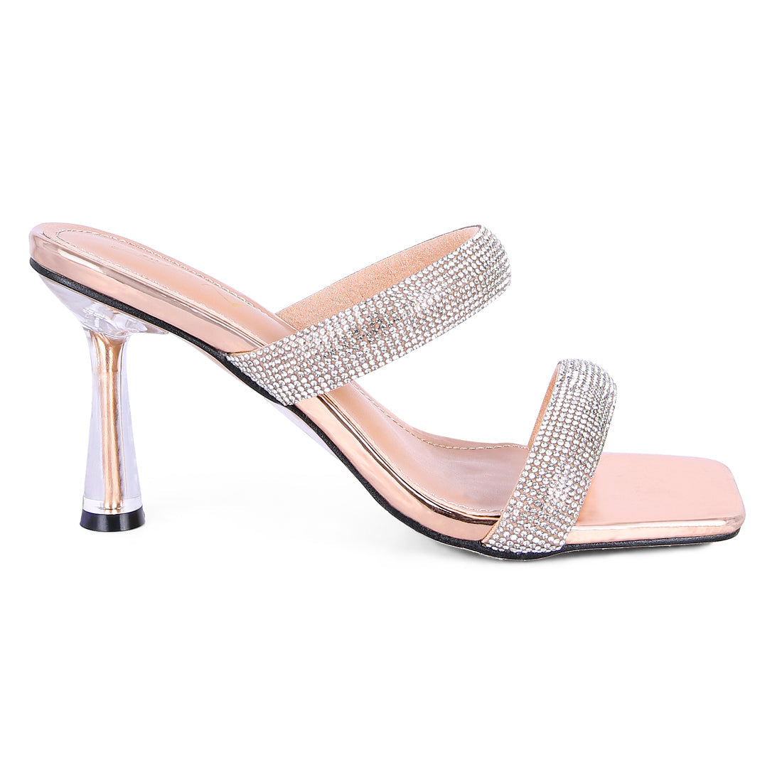 Gold Diamante Mid Heel Slide Sandals