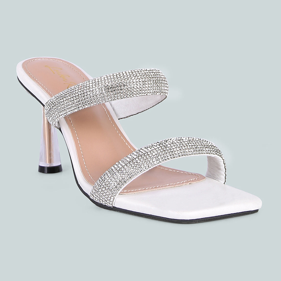 White Diamante Mid Heel Slide Sandals