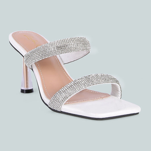 White Diamante Mid Heel Slide Sandals