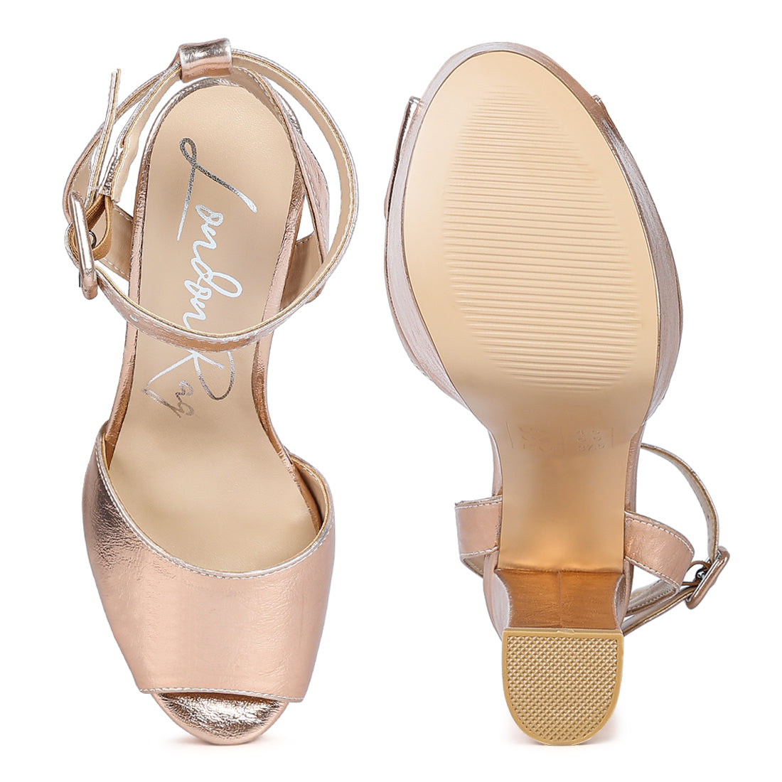 Rose Gold Peep-Toe High Platform Block Sandals