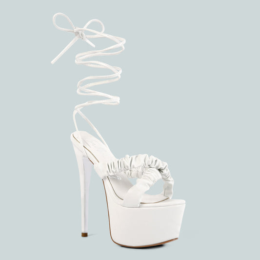 White Pop Era Ruched Straps Tie Up Sandals