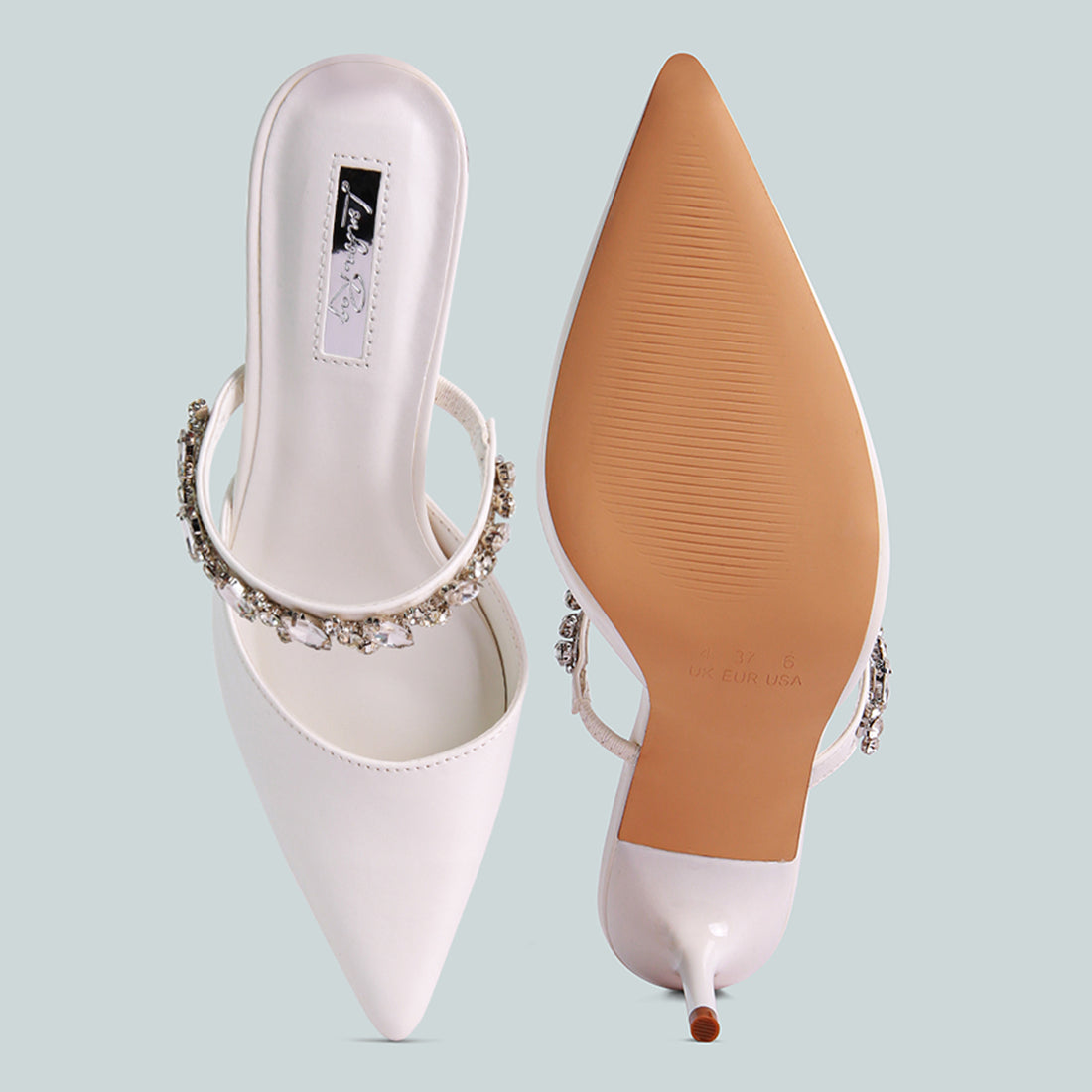 White Diamante Strap Heeled Mules